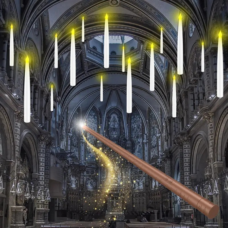 They hang in mid-air. One wand switches them all.